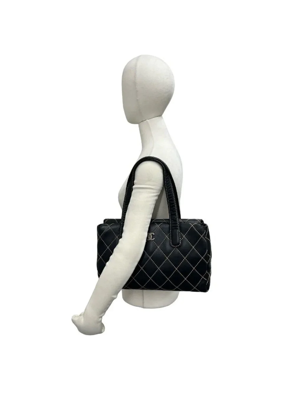 Chanel Quilted CC Logo Wild Stitch Leather Tote Shoulder Bag Black
